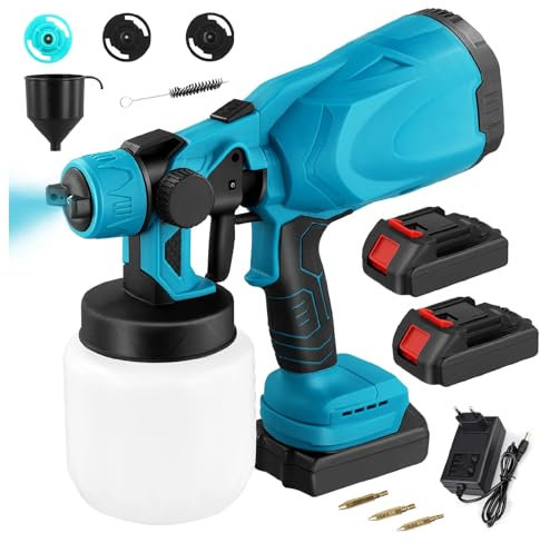 Système de Pulvérisation de Peinture, Pistolet a Peinture sans Fil, 2 x 3000 mAh et Chargeur, Compatible avec Batterie 18 V, 3 Buses, 1000ml Récipient de Peinture, 3 Modes, pour Murs