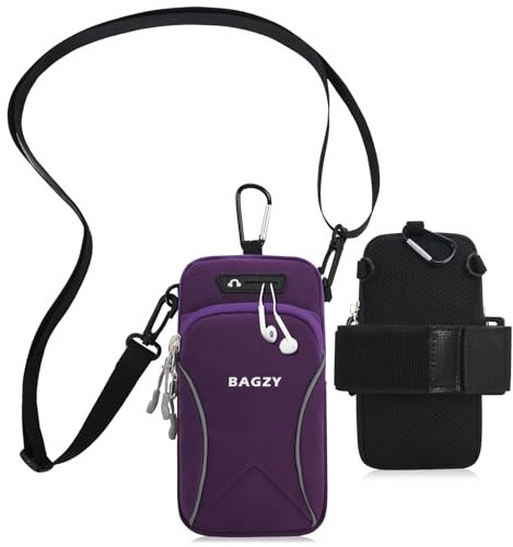 BAGZY Pochette Telephone Portable 7,0 Pouces avec Bandoulière, Brassard Telephone Sport Applicable à Course à Pied, Yoga, Jogging Accessoires pour iPhone 15 Pro/14 Pro Max (Violet)