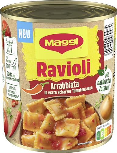 MAGGI Ravioli Arrabbiata, in extra scharfer Tomatensauce, Teigtaschen gefüllt mit würzigem Fleisch, leckeres Fertiggericht, ideal für Camping, 1er Pack, (1 x 800g)