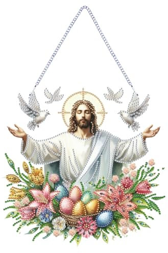 Starnearby DIY Diamond Painting Ostern Anhänger, 5D Diamant Painting Ostern Deko, Diamant Malerei Jesus Bilder Kranz Set mit Kette, Einseitig Wandbehang Kits für Fenster Wand Und Eingang Decor