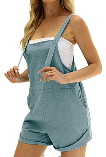 Generic Salopette da donna in cotone e lino, oversize, elastiche, corte, senza maniche, estive, con bretelle casual, vestibilità larga, con tasche, Blu, S