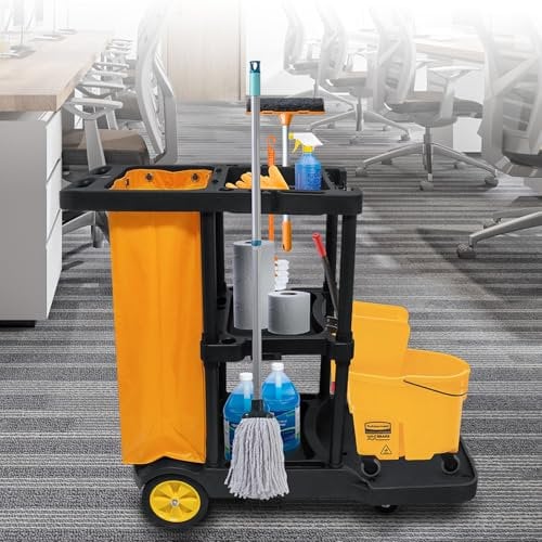 Nisorpa Commercial Cleaning Cart Cleaning Trolley on Wheels Heavy Duty Janitor Housekeeping Carts 3-Tier Cleaning Utility Service Cart With Extra Large Capacity Removable Waste Bag