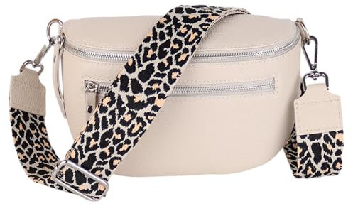 MIRROSI® Damen Bauchtasche Umhängetasche 27x14,5x8cm Damen, Made in Italy, aus Echtleder Tasche Echtes Leder, Brusttasche, Crossbody Bag,Bohemian Style (1 Tasche 2 Gurte) (Beige Leo)