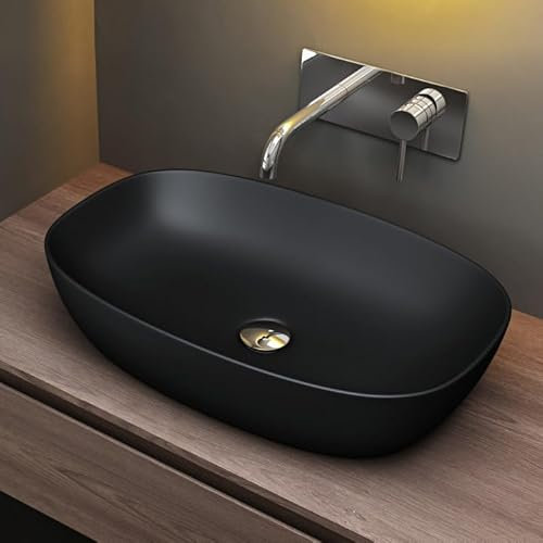 Mai & Mai Lavabo da Appoggio 60x39,5x14cm, Lavandino Bagno Brüssel104 in Ceramica con Nano Rivestimenti inclusi, Nero opaco