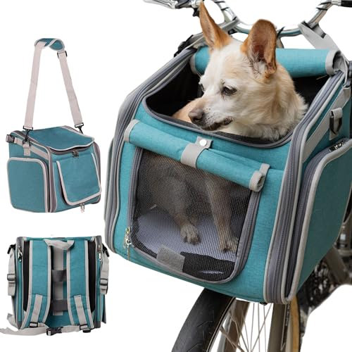 Hunde-Fahrradkorb, Netzfenster, 2 Sicherheitsleinen, weiche Seiten, sichere bequeme Haustiertragetasche für kleine Hunde, Katzen (blau)