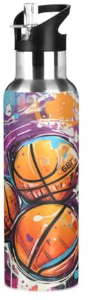 Niigeu Ballon De Sport Aquarelle Basket-Ball Bouteille d'eau Isotherme avec Paille en Acier Inoxydable Gourde, Sans BPA Gourdes Eau pour Enfant Sport Randonnée École Bureau (600ml/1L)