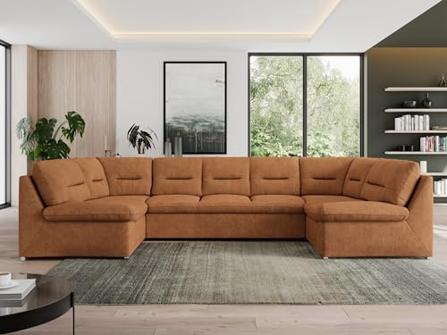 MKS MEBLE Sofa XXL U-Form, Wohnlandschaft U Form mit Schlaffunktion, Sofa mit Schlaffunktion, Schlafsofa mit Topper, Wohnzimmer Couch mit schlaffunktion - Morbido U - Orange Stukture