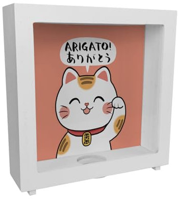 Winkekatze Rahmen Spardose aus Holz mit Spruch Arigato Glückskatze als niedlicher Glücksbringer für Manga-Fans perfekte Kaffeekasse SAGT Danke und bringt Glück ins Haus