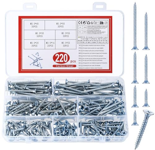 220 Stück Selbstschneidende Schrauben, M3,5 Holzschrauben, Flachkopfschrauben, Blechschrauben, Kreuzschlitzschrauben Sortiment für Trockenbau Möbel Holz - 16/20/25/30/35/40/50mm