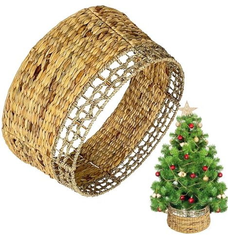 Collier de sapin de Noël - Cache-pied de sapin de Noël - Cache-pied de sapin de Noël rustique en rotin pour décoration de vacances