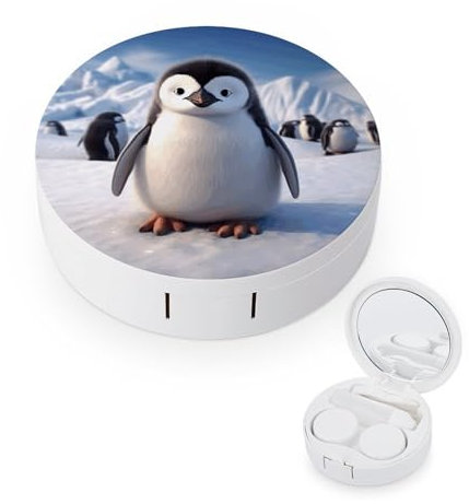 JTREWBV Tragbare Reise-Kontaktlinsenbox, niedlicher Pinguin-Druck, runder Kontaktlinsenbehälter, kompaktes Augenkontakt-Entferner-Werkzeug-Set für Reisen und Zuhause, weiß, Einheitsgröße,