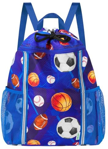 WAWSAM Mochilas de Cuerdas Niño Chico, Patrón de Bola Cuerdas y Saco de Gimnasi, Impermeable Bolsa de Cuerdas Mochila Deportiva, Bolsillos Laterales de Malla Dobles para Deporte Viaje Playa Nadar