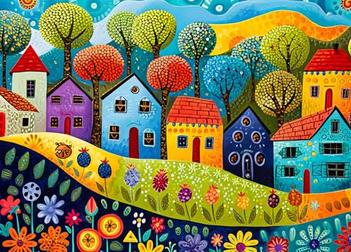 Bullglesup Puzzle für Erwachsene 1000 Teile, Painting Houses mit Poster, Teile Passen Perfekt Ineinander Buchstaben Auf der Rückseite Kein Staub, Geschenk für Ältere Senioren (70 x 50cm)
