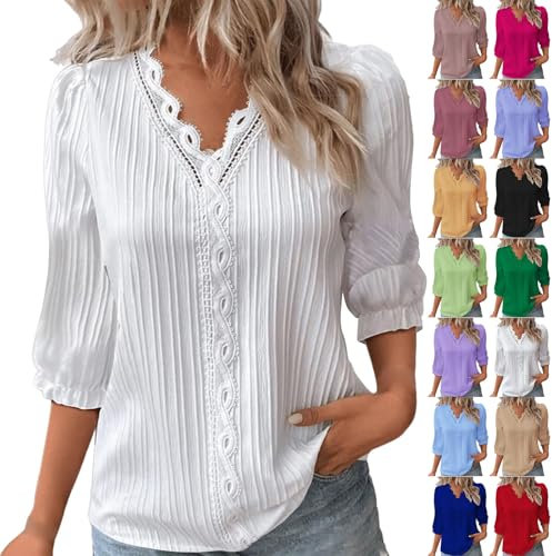 Long Sleeve Tops Women Summer Tops for Women UK Elegant Lace Splicing Hollow Bubble 3/4 Sleeve Blouses V-Neck Shirts Ladies Soft Casual Tunic Tops for Work Cold Shoulder Tops for Women UK (White, M)