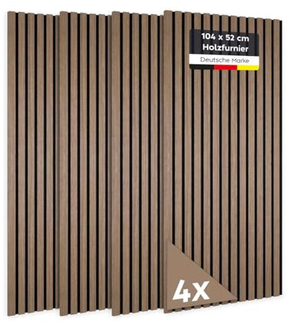 JELLE & JACOB Wandpaneele Akustikpaneele Holz Furnier Walnuss 104x52 cm, 4er Set 3D Wandpaneele Holz Wandverkleidung, Akustikpaneel Deko Wohnzimmer, Garderobe, Akustik Wand Paneele