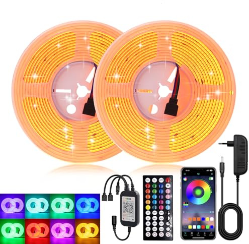 24V COB LED Strip RGB, 840 LEDs/M High Density Colour Changing LED Strip Light with 44 key IR Bluetooth music RGB controller for for Kitchen Bedroom Decoration. (Include Power Supply)