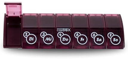 CINIBOX 7 in 1 – Tablettenbox 7 Tage – Bordeaux – Pillendose & Medikamentenbox mit 7 Fächern – leicht zu öffnen & sicher verschlossen – BPA-frei & lebensmittelecht – Made in DE
