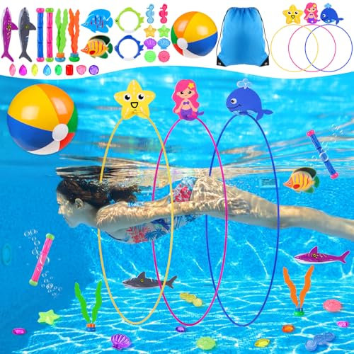 DTYDECLE 31pcs Diving Pool Toys, Fun Swimming Pool Toys Set with Big Rings Swim Thru Rings, Pool Fishes, Marine gem Underwater Training Game Toy for Kids Summer Swimming Party