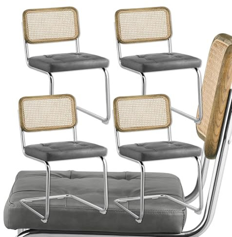 Zouron Stühle 4er Set - Grau Esszimmerstühle mit Eichenholz Küchenstühle, Schwingstühle 4er Set, Gartenstühle Loungesessel Rattan Stuhl, Sitzfläche aus Kunstleder Gestell aus Metall