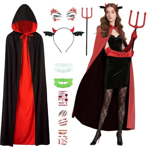 Celebration Directre Vampire Costumes for Women, Black Red Cape Cloak Devil Horns Devil Fork with Vampire Teeth Face Tattoo Scar Tattoo Devil Accessories for Masquerades and Theme Parties