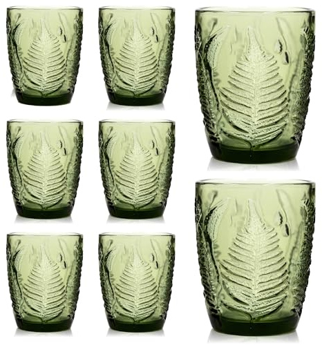 Grüne Trinkgläser, 8 Stück, 284 ml, Vintage-Farn-Glaswaren | Handgepresst, spülmaschinenfest, Boho-Blattstruktur, farbige geprägte Lowball-Becher für Wasser, Retro-Küchengeschenk