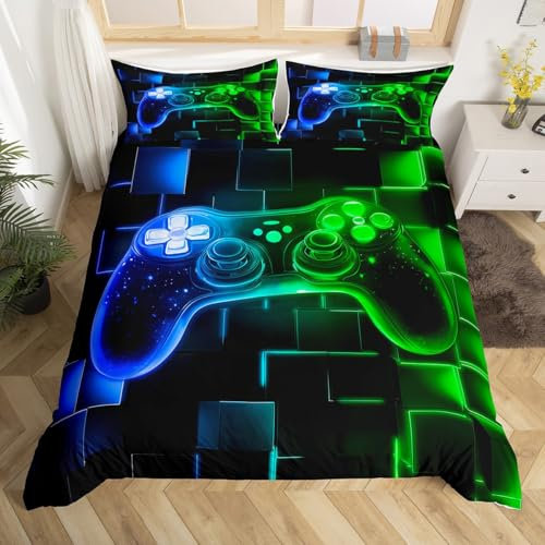 Homewish Kinder Gamer Bettwäsche 135x200,Gaming Bettbezug Set Videospiele Gamepad Tröster Abdeckung für Jungen Teenager,Neon Glowing Square Geometric Grid Blau Grün Schlafzimmer Dekor Bett Set