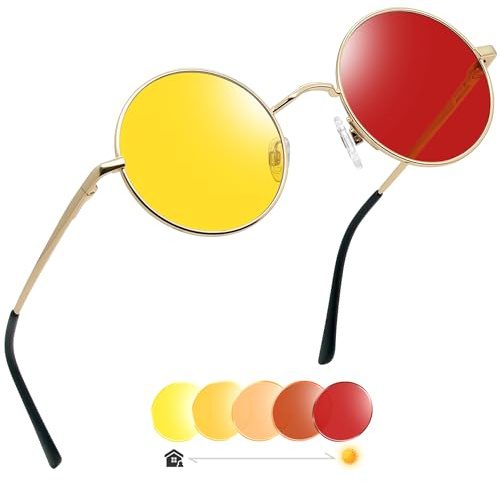 Joopin Retro 80er Selbsttönende Sonnenbrille Runde Herren Hippie und Klassische Steampunk Runde Sonnenbrille Damen UV400 Brille Sunglasses für Cosplay (Gold Gelb-Rot)