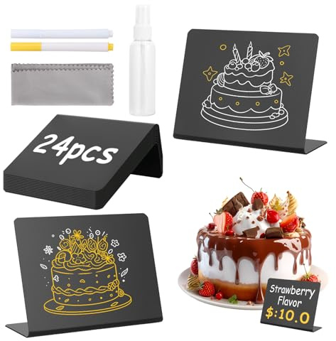 24 Stück Acryl Kreidetafel Klein L-förmig Preisschilder Aufsteller Schwarz | 100x75mm Wiederverwendbare Mini Tafeln zum Beschriften für Buffet Schilder, Hochzeiten, Tischkarten