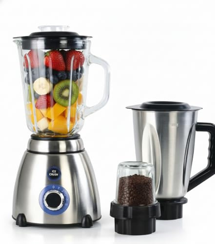 Batidora de vaso 3x1 800W Vaso de vidrio y otro de Acero Inoxidable 1.5L, Vaso de molinillo de vidrio, 5 Velocidades, Función Pulso y pica hielo
