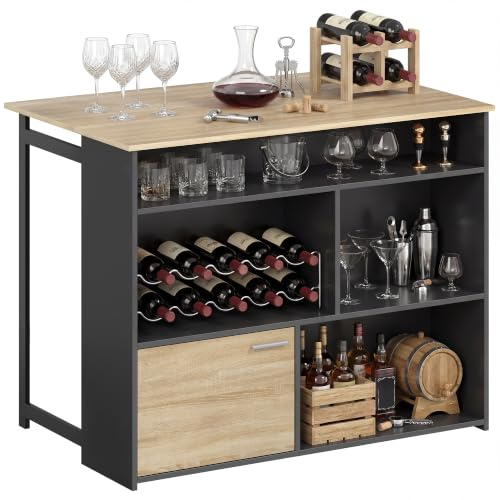 HOMCOM Table de Bar Extensible avec abattant 116 x 79,6 x 90,5 cm Noir | Table Haute Cuisine, 1 Placard à Porte et 4 Compartiments Ouverts, Style Moderne, Pour Petits Espaces, Salle à Manger, Salon