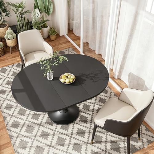 Esstisch Rund Ausziehbar, Ausziehtisch 100-130x90x75cm, Küchentisch für 4-6 Personen, Stabiler Esstisch aus MDF & Eisen, Platzsparender Esszimmertisch für Küche, Esszimmer und Wohnzimmer (Schwarz)