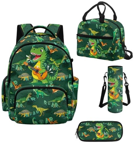 Howilath Set di 4 zaini per bambini da 8 a 12 anni, zaino scolastico con scatola per il pranzo, materiale scolastico, Chitarra T-rex Dinosaur, L, Classico