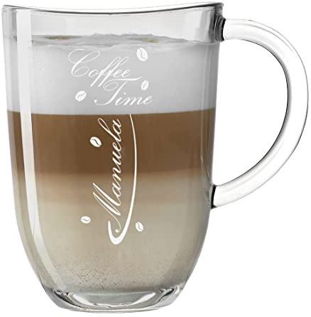 Leonardo - Tazza da caffè con manico, personalizzabile con incisione, vetro latte-Macchiato, 380 ml, idea regalo per compleanno, motivo caffè