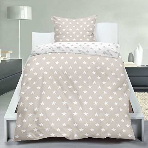 PremiumShop321 Wende Bettwäsche Stars/Sterne 135x200 / 80x80 Microfaser Reißverschluss-Taupe