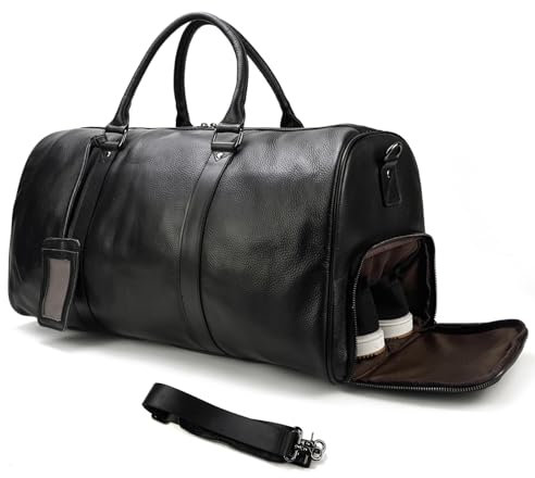 LUUFAN Leder Reisetasche Große Kapazität Tasche mit Schuhfach, Damen und Herren Wochenendausruh-Schultertasche für Urlaub und Geschäftsreise, Schwarz