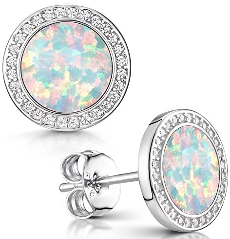 MATERIA Opal Ohrringe Silber 925 - Damen Ohrstecker weiß rund flach mit Zirkonia Steine in Schmuck Box SO-394-Opal