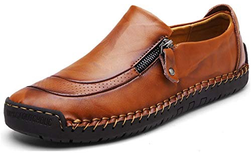 Mode Décontracté en Cuir Plat Mocassins Chaussures Bateau Sneaker Non-Slip Durable Respirant Mocassins (41 EU, Marron Clair 1) - Taille 7.5UK