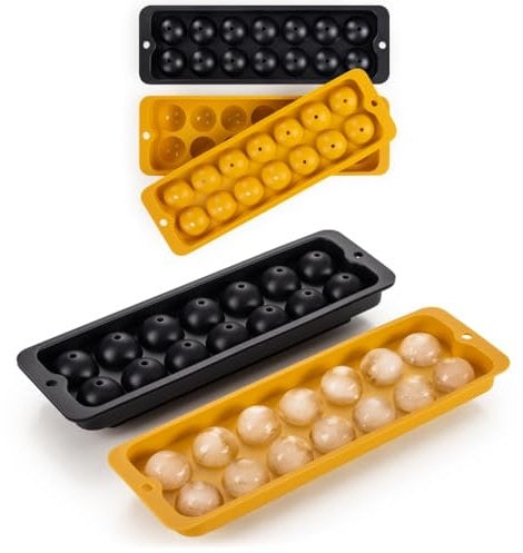 Blumtal Silikon Eiskugelform 2x14er - Eiswürfel Rund Ø 3cm - Runde Eiswürfelform 2x - BPA freie Silikonform Eiswürfel rund - Ice Ball Maker - Eiskugelformer Silikon - Black Blue & Spicy Mustard
