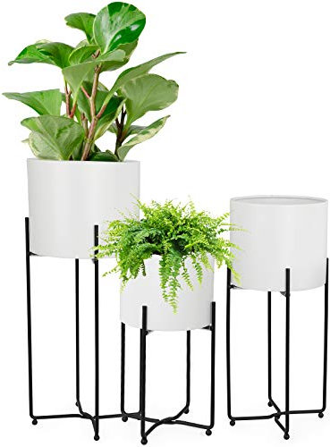 Sinolodo Mid Century weißer Pflanztopf mit schwarzem Pflanzenständer, 3 Stück, moderne Pflanzgefäße für Zimmerpflanzen, Metall-Boden-Pflanzgefäß-Set mit faltbarem Ständer (3 Stück)