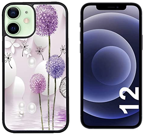 Generico Cover compatibile con Cover Apple iPhone 12 Primavera Fiori Dente di Leone Viola Lilla Rosa/Glass Back con gomma sui lati/TPU rigido