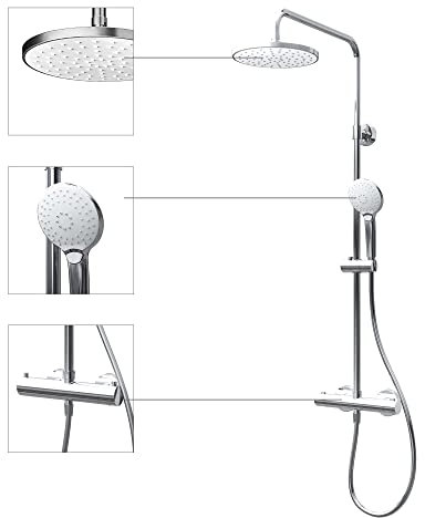 Schulte DuschMaster Rain III mit Sicherheitsthermostat White Style, Duschystem mit Kopf- und Handbrause, D9692604