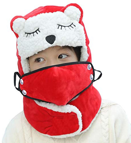 FakeFace Unisex Kinder Fliegermütze Skimütze Fellmütze Winddicht Wintermütze Schirmmütze mit Ohrenschutz Mundschutz Winter Outdoor Sport Rad,Motorrad Fahren,Skifahren Pilotenmütze (Rot-Katze)