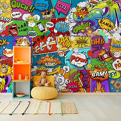 Wallepic Vlies Fototapete Graffiti Jugend Muster Comic Collage 450 x 300 Moderne Tapete XXL Abstrakt Feuer Explosion Wohnzimmer Schlafzimmer Büro Flur Wandtapete Br. 450 cm x Hö. 300 cm