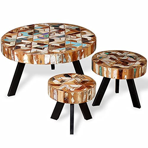 Atlojoys Dreiteiliges Couchtisch-Set, Beistelltisch, Sofatisch, Kaffeetisch, Wohnzimmertisch, Fernsehschrank, Altholz Massiv