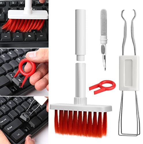 Keyboard Cleaner 5 in 1, Multifunction Airpod Cleaner Kit, Laptop Cleaning Kit with Keycap Remover, Computer Cleaner for Headphones Keyboards Camera, White Red,QKJ213