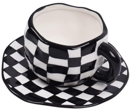 Koythin Keramik Kaffeetassen mit Untertassen Set, Innovative Schwarz-Weiß Karierte Kaffeebecher Tasse für Büro und Zuhause, 10 oz/300 ml Tassen für Latte Tee Milch