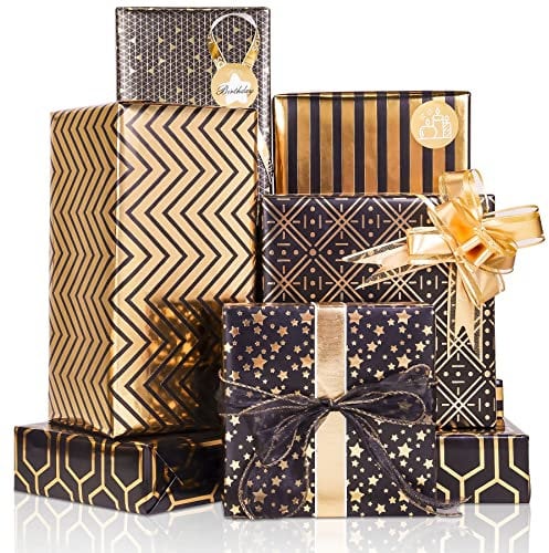 Larcenciel Geschenkpapier 6 Blatt, Metallisch Schwarz-Goldenes Geschenkpapier mit mit Geschenkschleife & Aufkleber, Glänzende Edle Geschenkverpackung für Geburtstag, Urlaub, Abschluss (70 x 50 cm)