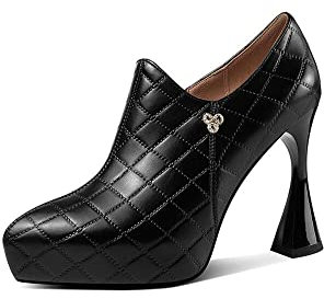 TinaCus Women's Genuine Leather Handmade Plaid Side Zip Up Pointed Toe High Stiletto Heel Platform Pumps Shoes, Black, 5 UK