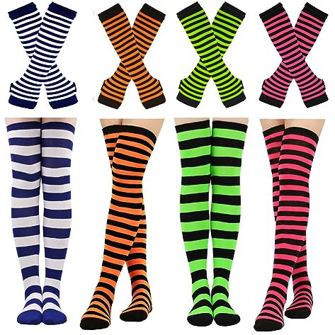 Barrlves 2/4 Sets gestreifte Kniestrümpfe für Damen, lange gestrickte Armstulpen, fingerlose Handschuhe für Halloween-Kostüm, 4 Sets gestreift, schwarz + rot + grün + rosa, Einheitsgröße