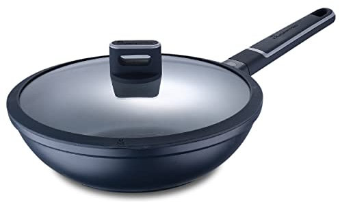 MasterPRO Indigo | Wok da cucina 28 cm di diametro e 8 cm di altezza con coperchio | alluminio pressofuso | Rivestimento di massima anti-aderenza | Manico Soft Touch | Per tutti i tipi di cucine